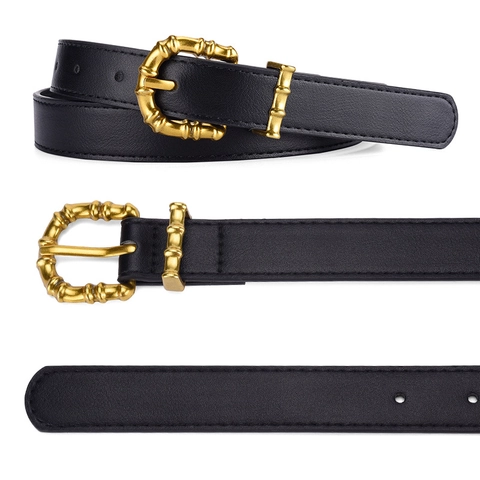Women PU Leather Belt Retro Gold Bamboo Pin Buckle For Trench Coat Jeans Vintage Style Elegant Waist Accessory