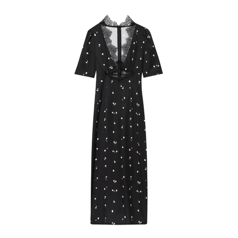 Floral Maxikleid Spitze Patchwork V Ausschnitt Kurzarm Elegant Sommer Schlanke Passform Damen Polyester Mode
