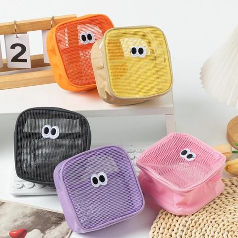 Cute Cartoon Big Eyes Mesh Makeup Bag Nylon Square Cosmetic Pouch Portable Travel Toiletry Storage Organizer