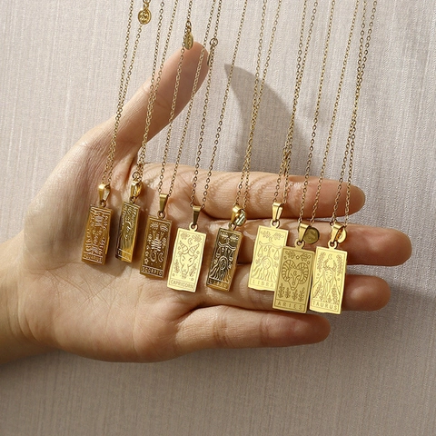 Collar Con Colgante De Signo Del Zodiaco Chapado En Oro Acero Inoxidable Constelación Placa Cuadrada Estilo Carta De Tarot Joyería