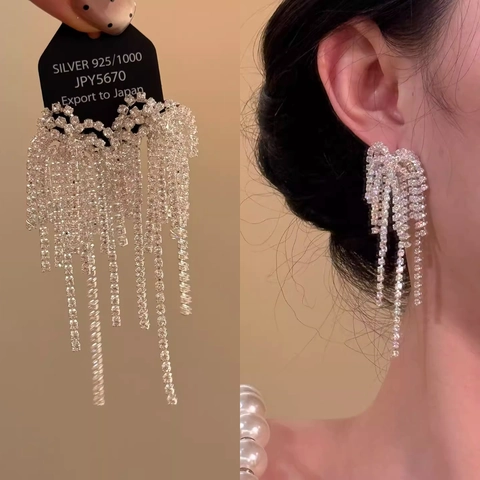 Rhinestone Quasten Ohrhänger Mit 925 Sterling Silber Ohrstecker Lange Funkelnde Kupfer Baumelnder Schmuck Für Damen