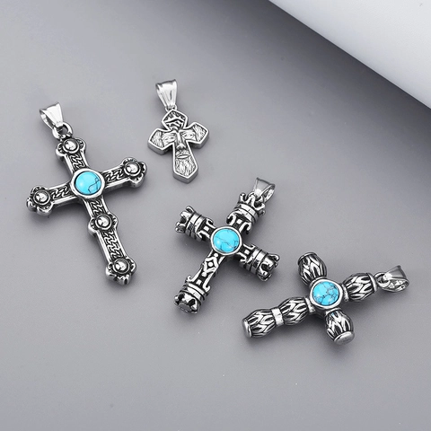 Vintage Kruis Hanger Ketting Roestvrij Staal Met Turquoise Religieuze Jezus Gezicht Gotische Punk Stijl Voor Heren