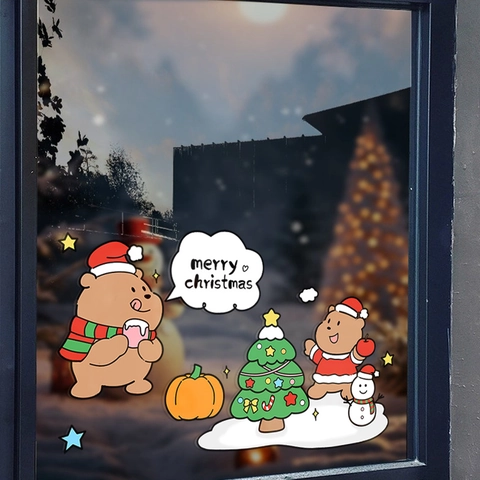 Christmas Window Stickers Static Cling Decals PVC Glue Free Double Sided Cartoon Bear Tree Snowman Holiday Glass Decoration
