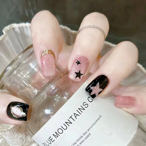 Press On Nails Cat Eye Star Pattern Ballet Coffin Shape Glitter Black Pink ABS Artificial Nails For Women Manicure