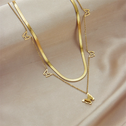 Double Layer Butterfly Pendant Necklace Stainless Steel Herringbone Chain Gold Plated Elegant Jewelry For Women