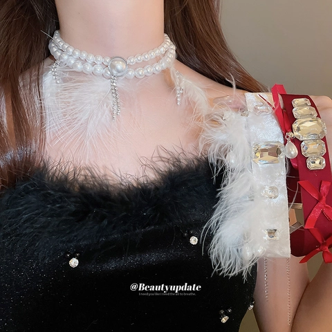 Vintage Satin Bow Pearl Choker Necklace Elegant Rhinestone Feather Tassel Choker For Women Party Jewelry Accessory