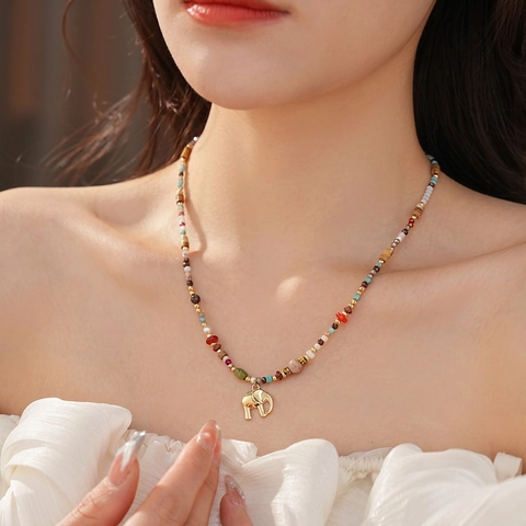 Bohemian Colorful Glass Beaded Necklace With Gold Elephant Pendant Alloy Ethnic Style Jewelry For Women