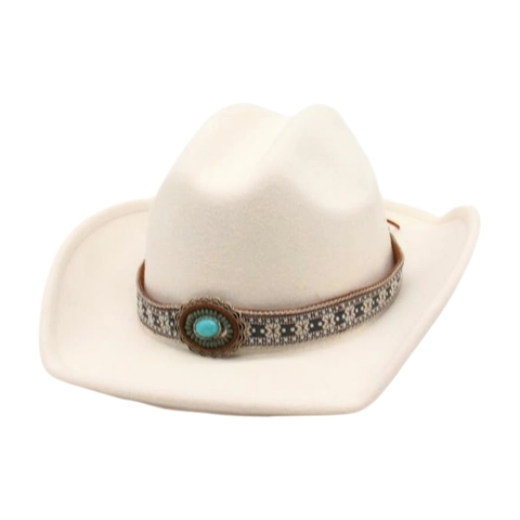Western Cowboy Hat Polyester Felt Wide Brim Vintage Ethnic Woven Band Turquoise Accent For Men Women