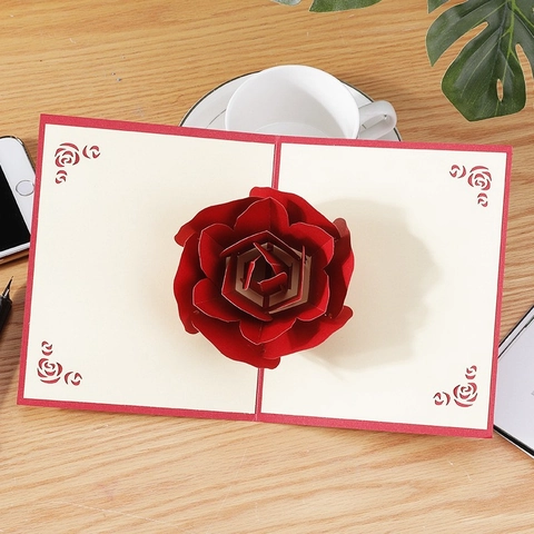 3D Pop Up Greeting Card Red Rose Flower Paper Handmade For Wedding Valentine Day Birthday Anniversary Romantic Gift