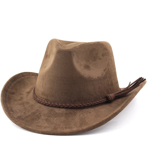 Western Cowboy Hat Faux Suede Wide Brim With Tassel Braided Rope Vintage Fedora For Men Women Outdoor Riding