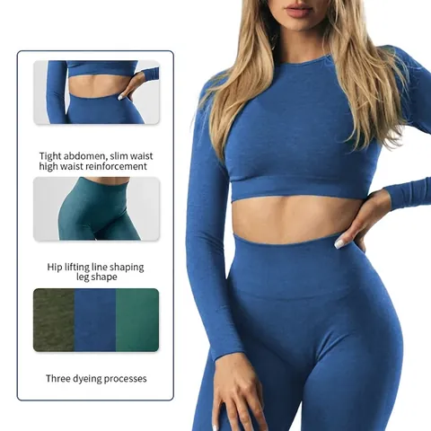 Completo Yoga Senza Cuciture Donne Crop Top A Maniche Lunghe E Leggings A Vita Alta Controllo Pancia Fitness Gym