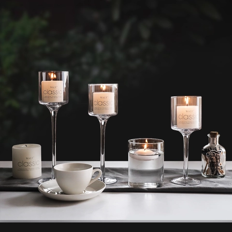 Bougeoir En Verre À Pied Design Long Transparent Pour Mariage Romantique Dîner Décoration De Fête Bougies Parfumées Flottantes
