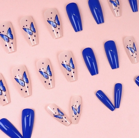 Uñas Postizas A Presión Mariposa Azul Coffin Largo Con Lunares Azul Real Puntas De Uñas Artificiales Para Mujer