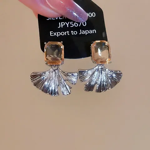 Zircon Square Ginkgo Leaf Pendant Stud Earrings With Silver Earring Post Copper French Vintage Elegant For Women