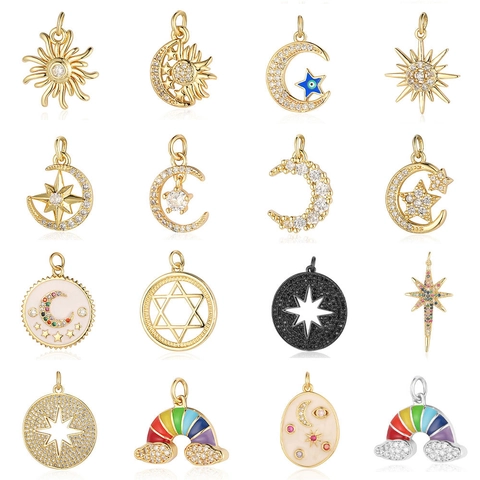 Étoile Lune Soleil Arc En Ciel Breloques Pendentifs Pour DIY Création De Bijoux Cuivre Laiton Zircone Plaqué Or Argent