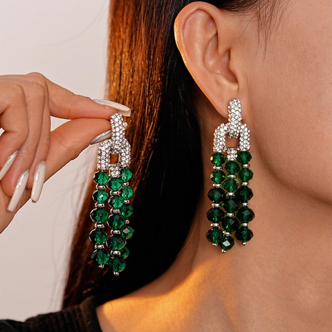 Grüne Glasperlen Lange Quasten-Ohrhänger Mit Strass-Legierung Und Silbernem Ohrstecker Vintage Luxus-Stil