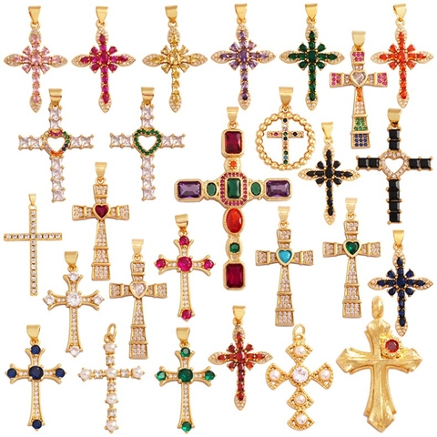Cross Pendant Charms Gold Plated Copper With Cubic Zirconia And Faux Artificial Pearl For DIY Jewelry Making Religious Style