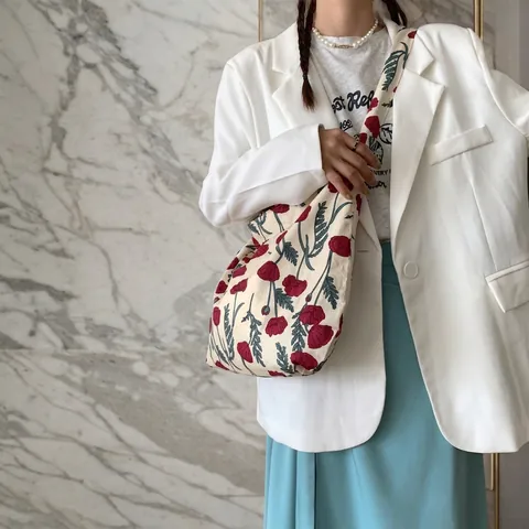 Floral Canvas Crossbody Bag Large Capacity Shoulder Tote Artistic Pastoral Tulip Print Lazy Style Casual Handbag Women