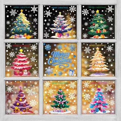 Stickers Fenetre Noel Recto Verso PVC Statique Flocons Neige Sapin Bonhomme Neige Autocollants Decoration Vitre