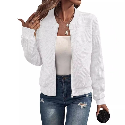 Women Zip Up Jacket Polyester Geometric Jacquard Texture Baseball Collar Casual Long Sleeve Coat Outerwear