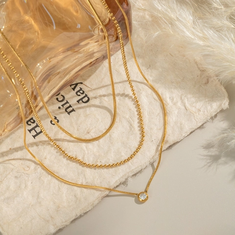 18K Gold Plated 304 Stainless Steel Multi Layer Necklace Zircon Pendant Snake Bead Chain Waterproof Hypoallergenic Women