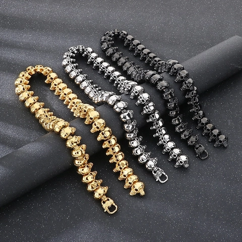 Pulsera Collar De Cadena De Eslabones De Calavera Acero Inoxidable Joyería Gothic Punk Hip Hop Para Hombres