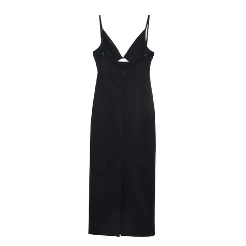 Women Elegant Midi Slip Dress Polyester Hollow Out Deep V Neck Backless Sleeveless Solid Black Slim Fit Party