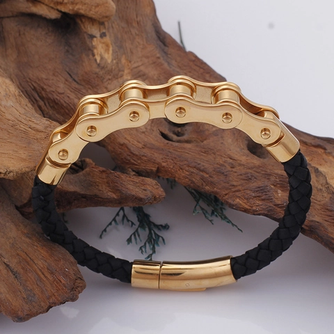 Bracciale Uomo Acciaio Inossidabile Catena Bicicletta Pelle Intrecciata Chiusura Magnetica Biker Moto Gioielli Moda