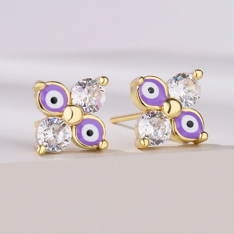 Pendientes De Botón Mal De Ojo Cobre Bañado En Oro Geométrico Zircón Esmalte Joyería Para Mujeres Moda