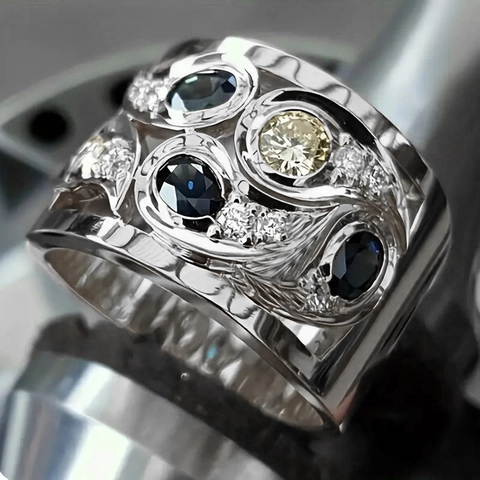 Wide Hollow Band Ring With Copper And Cubic Zirconia Colorful Stones Retro Luxury Style Jewelry For Women