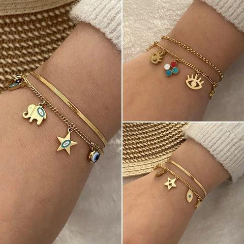Bracciale Con Ciondoli A Doppio Strato In Acciaio Inossidabile Placcato Oro Occhio Di Allah Stella Elefante Smalto Gioielli