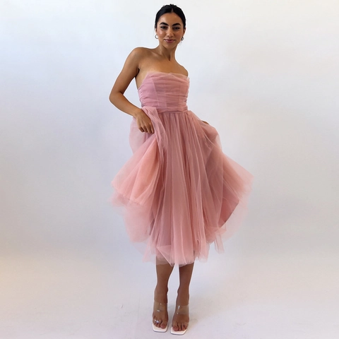 Robe Maxi Sans Bretelles Corset Maille Tulle Ligne A Taille Haute Rose Soirée Fête Anniversaire Femmes Élégant