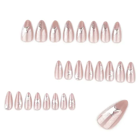 Cat Eye Press On Nägel Mit 3D Silbernen Sternen Magnetische Künstliche Nägel Für Frauen Mandelform