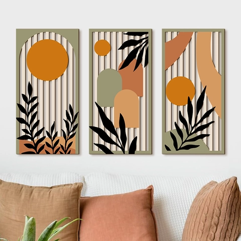 Bohemian Modern Minimalist Hollow Wood Wall Hanging Decor Set Of 3 Geometric Botanical Floral Sun Pattern Home Office Living Room Art Wall Decoration