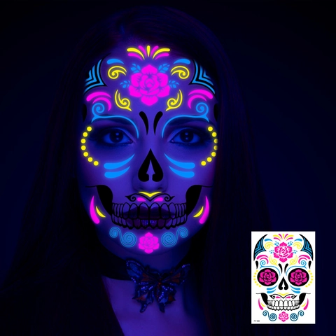 Halloween Fluoreszierende Gesichts Tattoo Aufkleber UV Reaktiv Sugar Skull Wasserdicht Party Make-up Decals