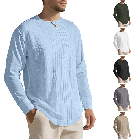 Chemise Henley Homme Mélange De Lin Manches Longues Col Rond Plis Décontracté Plage Couleur Unie Vintage Haut Respirant