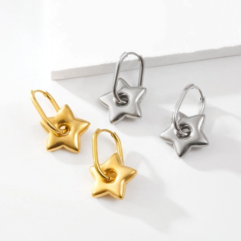 Roestvrijstalen Ster Hoop Oorbellen 18K Verguld 3D Hol Pentagram Hanger Voor Dames Minimalistische Sieraden