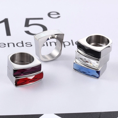 Rechteck Kristall Edelstahl Ring Gebürsteter Titanstahl Geometrisches Band Moderner Unisex Schmuck Für Herren Damen