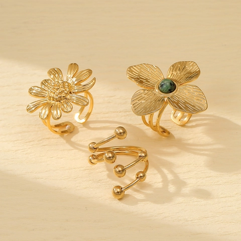 Anello Aperto in Acciaio Inossidabile Vintage da Donna Regolabile Design Fiore Quadrifoglio Elegante Pietra Naturale Verde