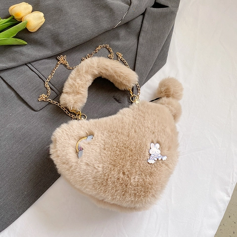 Borsa A Tracolla In Peluche A Forma Di Cuore Ecopelliccia Mano Spalla Ricamo Coniglio Arcobaleno Catena Dorata Kawaii Donne