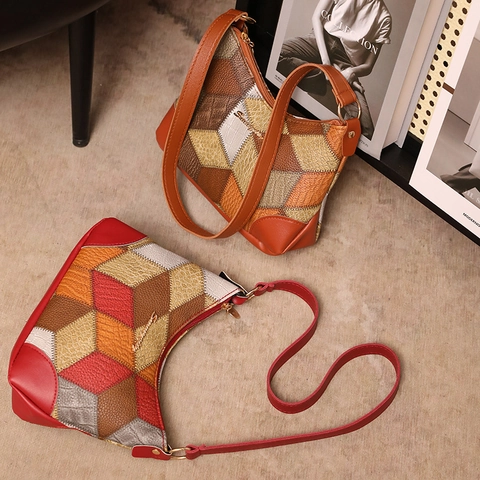 Vintage Geometric Patchwork Shoulder Bag Women Contrast Color PU Leather Underarm Bag Fashion Zip Closure