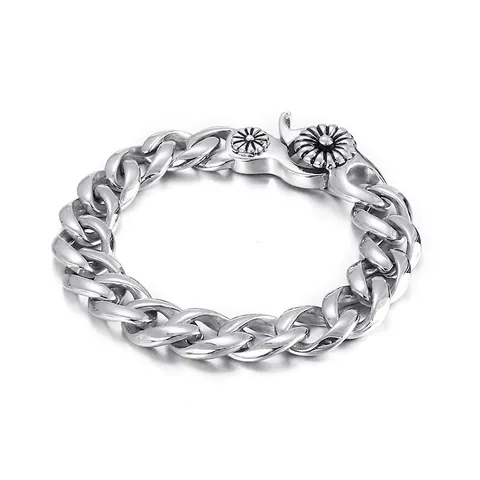 Heren Curb Schakelarmband 316L Roestvrij Staal Zware Punk Vintage Zonnebloem Gegraveerde Sluiting Sieraden