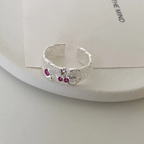 925 Sterling Silver Ring Irregular Lava Texture Hammered Pattern Red Zircon Open Adjustable Aesthetic Minimalist Jewelry Women