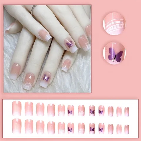 Pink Purple Butterfly French Gradient Press On Nails 24Pcs Set Square Fake Nails With Butterfly Design For Women Daily Nail Art
