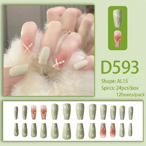 Press On Nails Long Square Oval Artificial Pearl Bead Ribbon Decor Mint Green Pink Sweet Elegant Artificial Fake Nails For Women