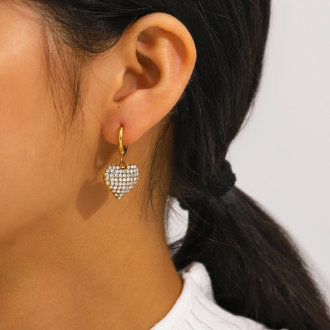 Orecchini A Cerchio A Cuore Acciaio Inossidabile Con Strass Completi Forma Amore 3D Impermeabile Placcato Oro Per Donna
