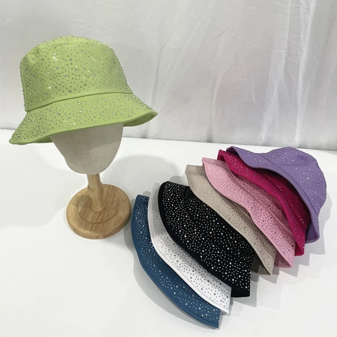 Sparkling Rhinestone Cotton Bucket Hat For Women Wide Brim Sun Protection Chic Summer Outdoor Travel Beach Basin Hat