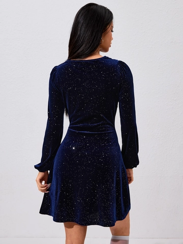 Velvet Mini Dress Cowl Neck Lantern Long Sleeve Starry Sky Glitter Sequin A-Line High Waist Party Evening For Women