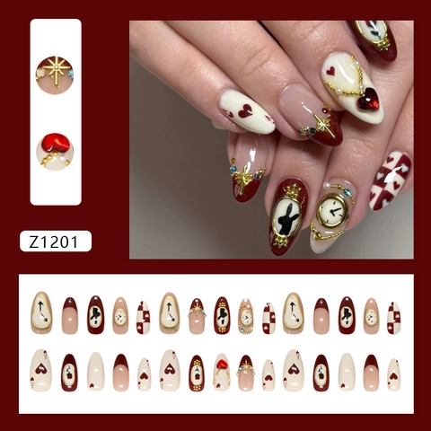 Uñas Postizas Press On 3D Rosa Dorada Corazón Perla Artificial Tema Cuento Hadas Arte Retro Brillo Lujo Almendra Mujer