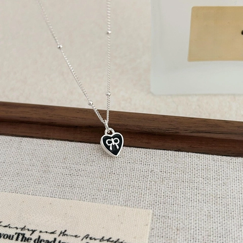 Collana Pendente Cuore Argento Sterling 925 Smalto Nero Design Fiocco Stile Minimalista Coreano Gioielli Eleganti Per Donna